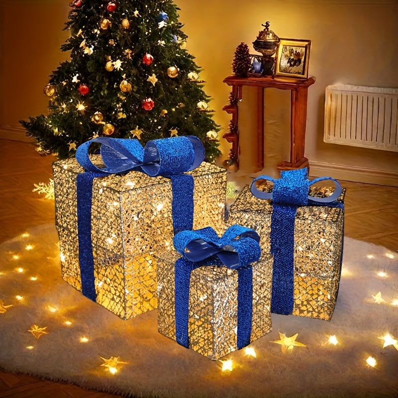 GlowGifts - Set van 3 Verlichte Kerstcadeaudozen met Strikken