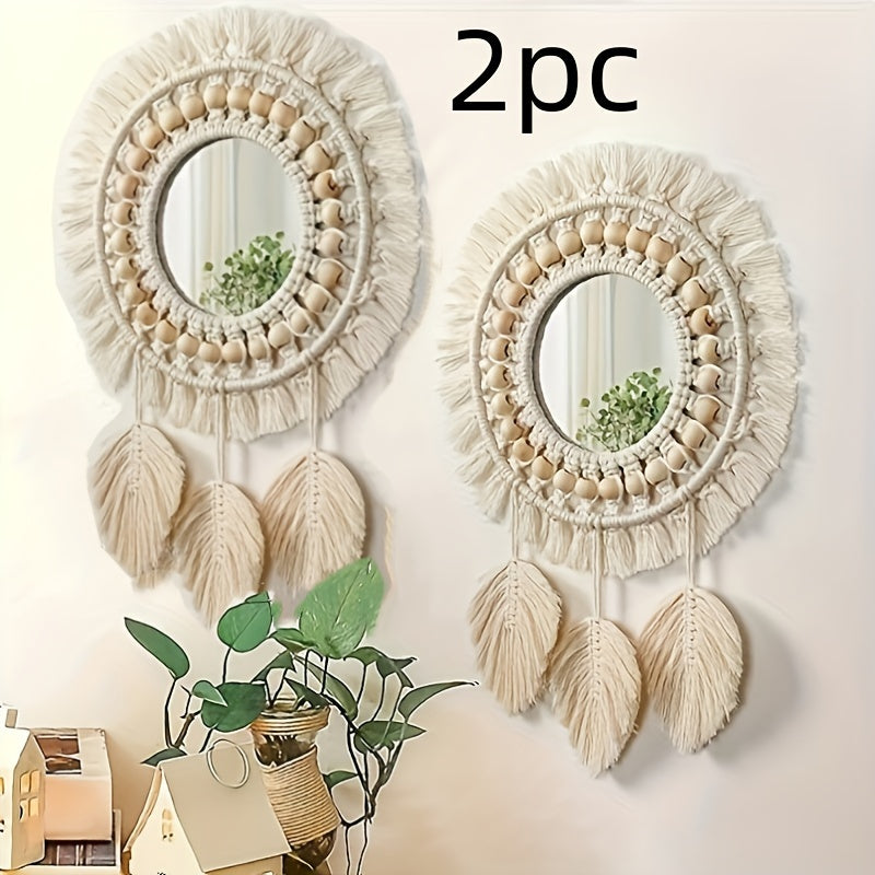 Boho Chic Handgeweven Rattan Wandspiegels met Bladkwastjes – Frameloos en Gepolijste Afwerking
