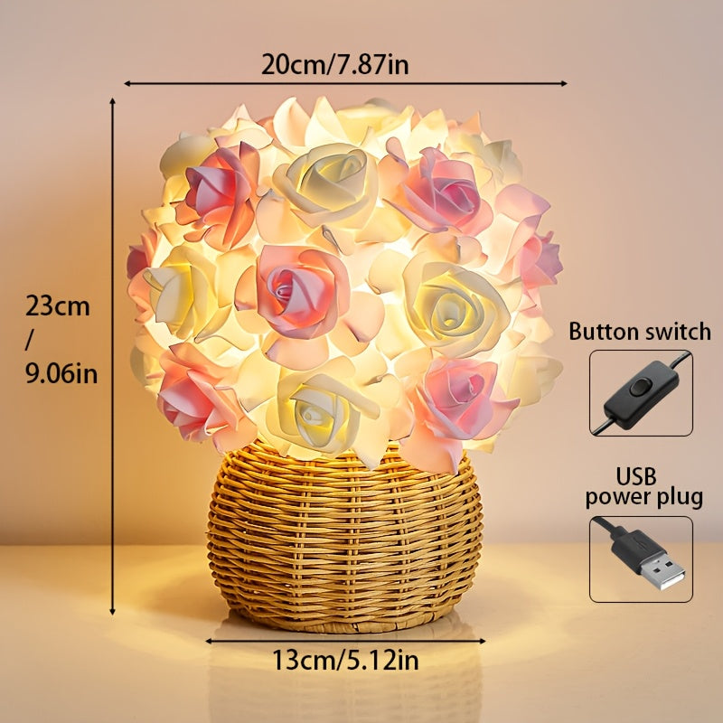 FloraGlow - Art Deco USB Rose Table Lamp with Polished Base and Bulb