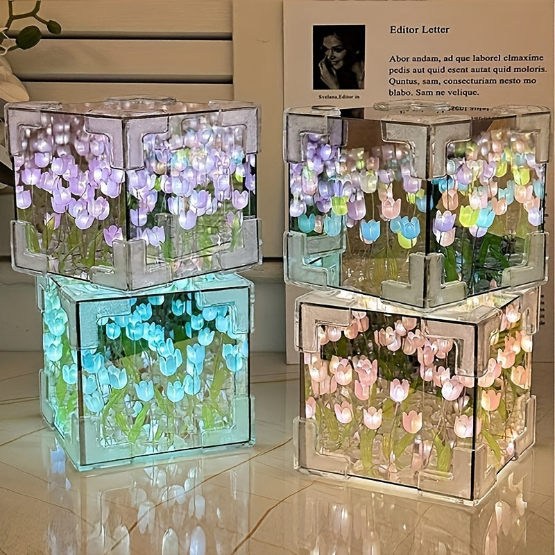 TulipGlow - Candeeiro de noite LED de tulipas feito à mão e espelho