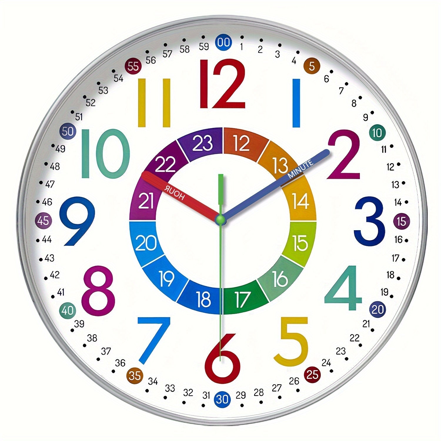 Reloj de Pared Educativo Silencioso con Manecillas Coloridas
