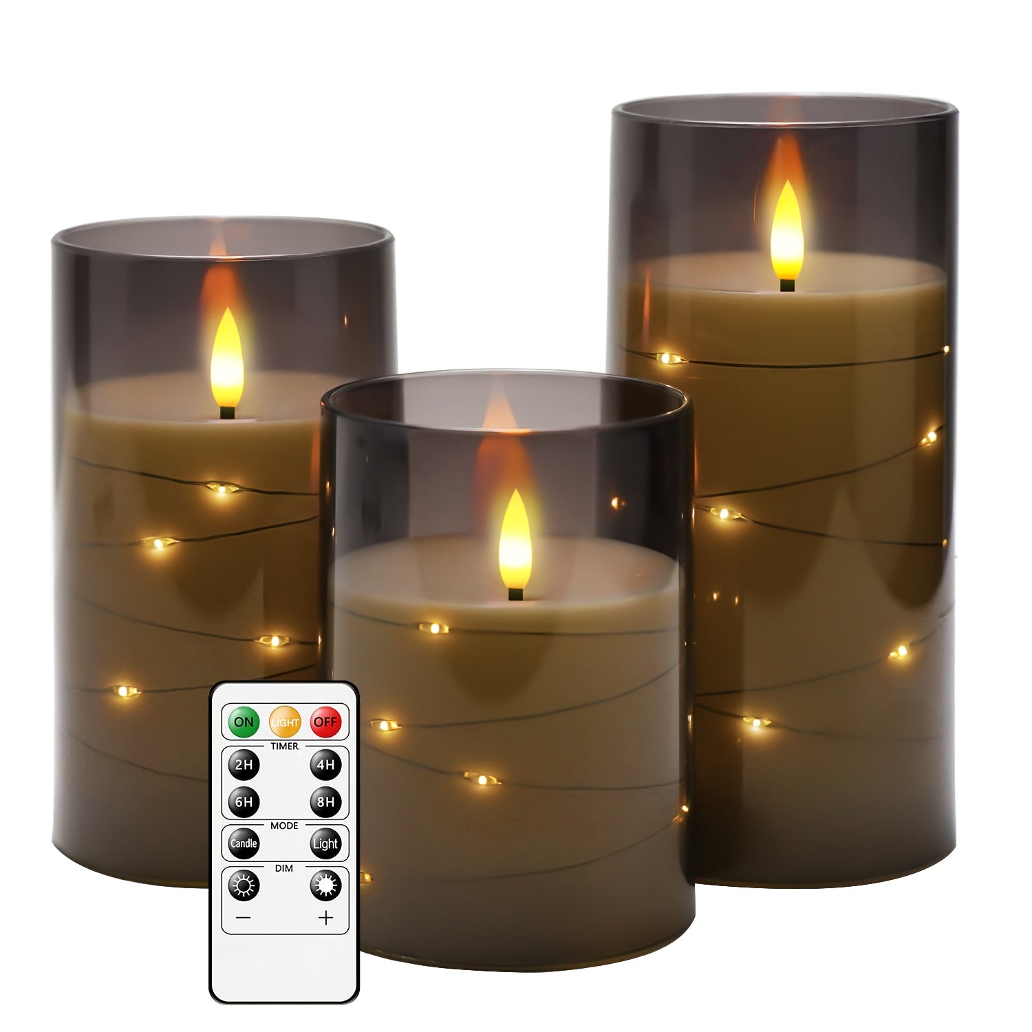 Candele LED senza fiamma con ghirlanda luminosa a forma di stella – Confezione da 3 grigie (D3*H10,16cm12,7cm15,24cm) Include telecomando e timer