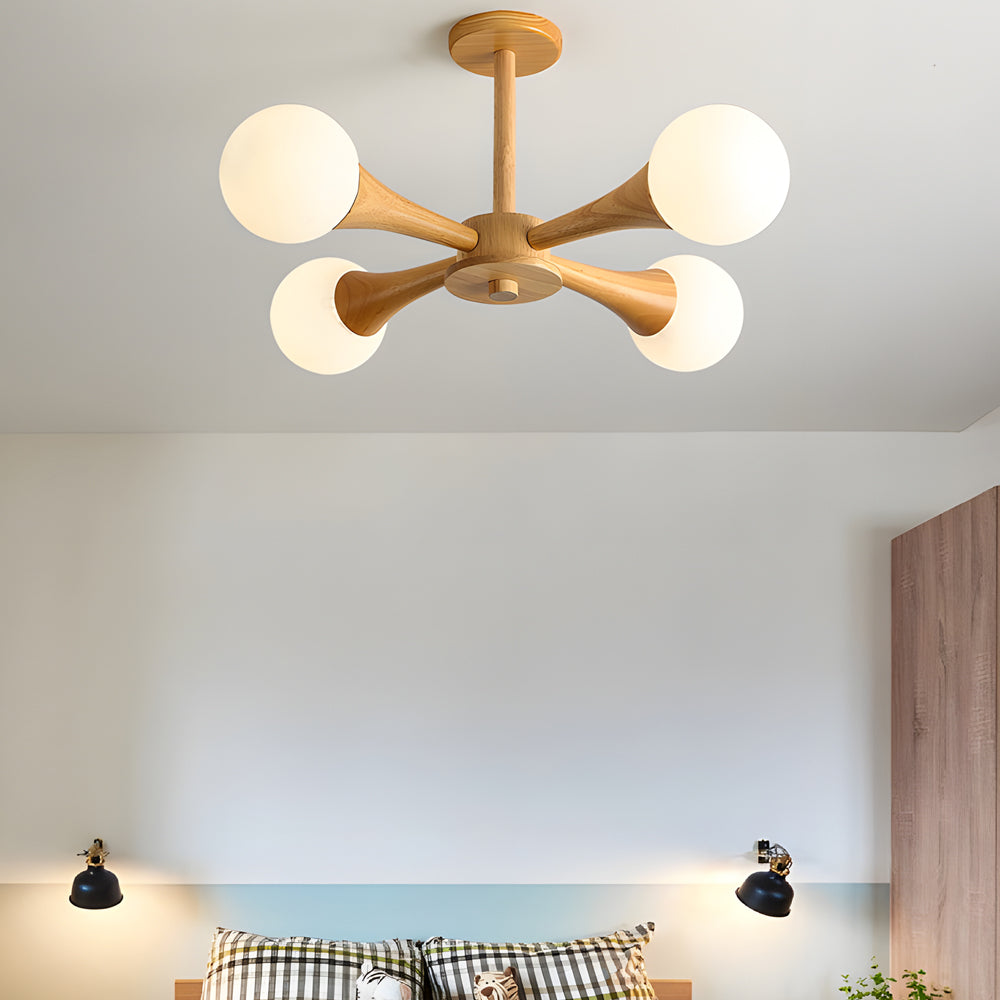 NordicGlow - Scandinavische Houten Kroonluchter met Glazen Lampenkappen