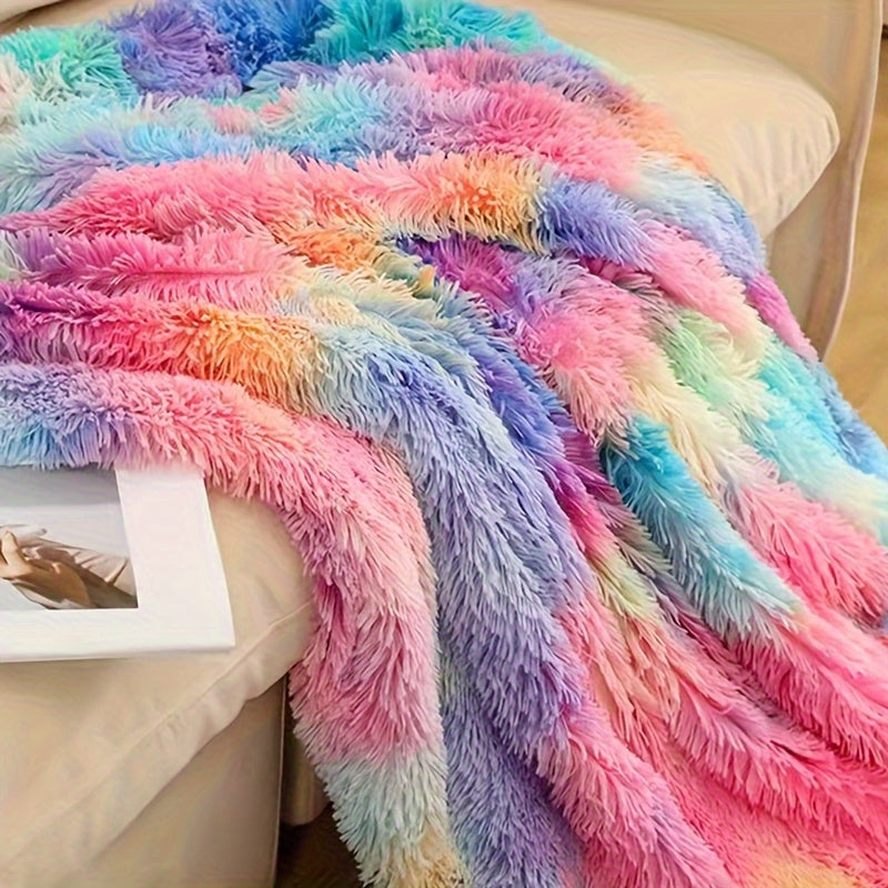 Kleurrijke Regenboog Faux Fur Deken - Gezellige Pluche Koraalfleece, Dikke Warme Winter Sofa Deken, Hedendaags Stijl