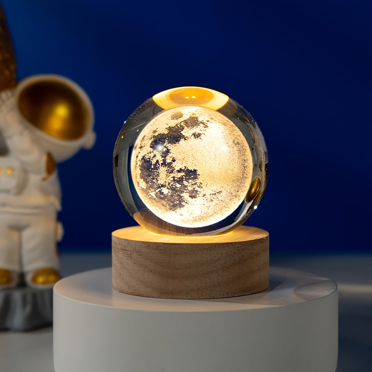 MoonCrystal - Maan Kristal Bal Lamp met Houten Basis