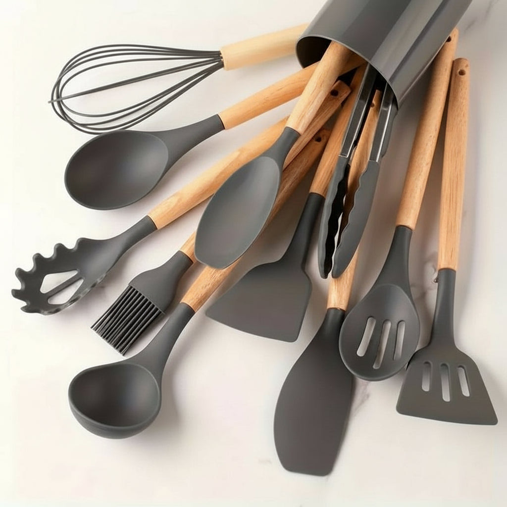 Kitchen Utensil Set Silicone Wooden Handles Heat Resistant