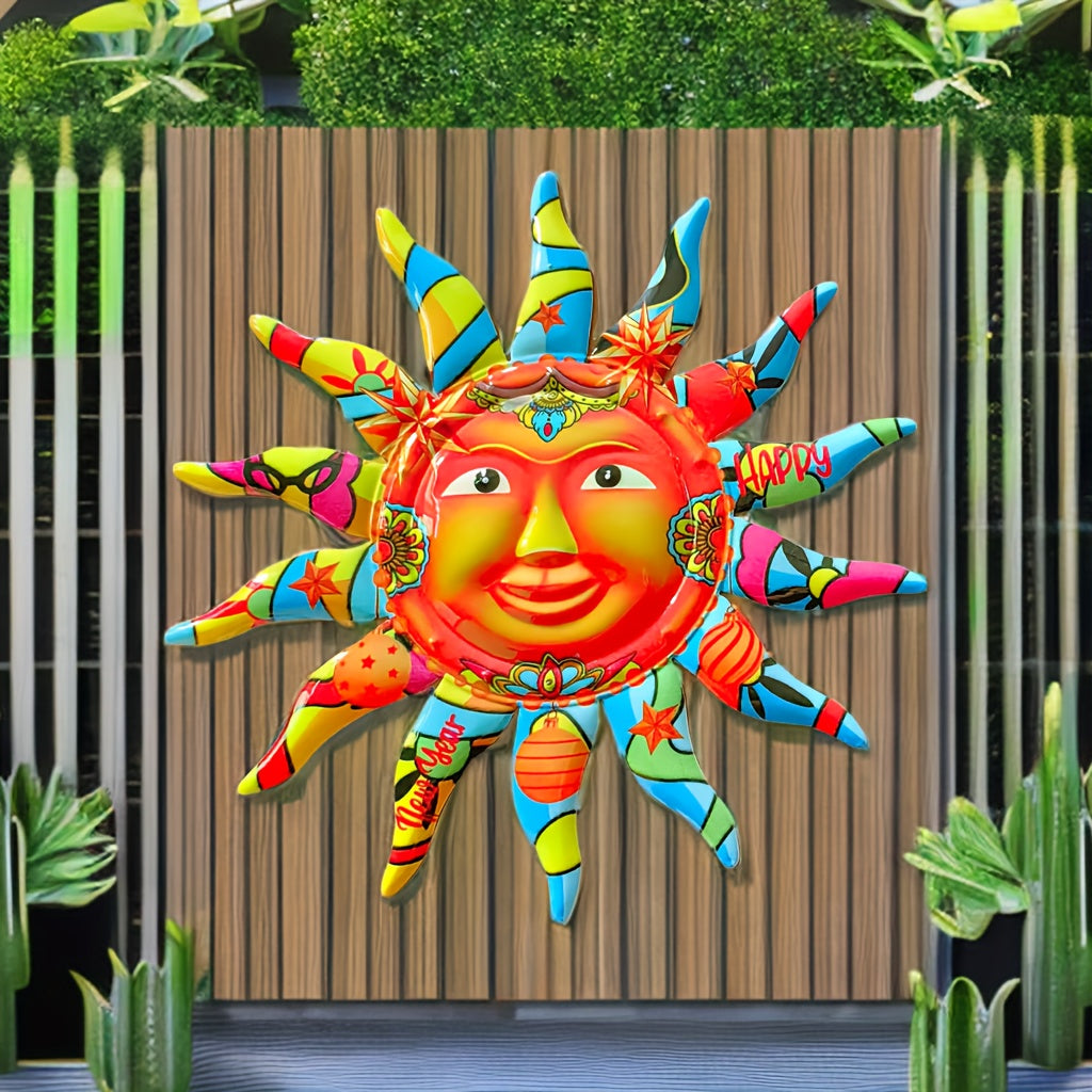 Arte de Pared de Hierro con Cara de Sol Feliz Año Nuevo 2024 Grote - Decoración para Exterior e Interior, Diseño Circular, Decoración de Patio, Regalo Eid Al-Adha Mubarak - Sostenible, Resistente a la Intemperie, Fácil de Colgar