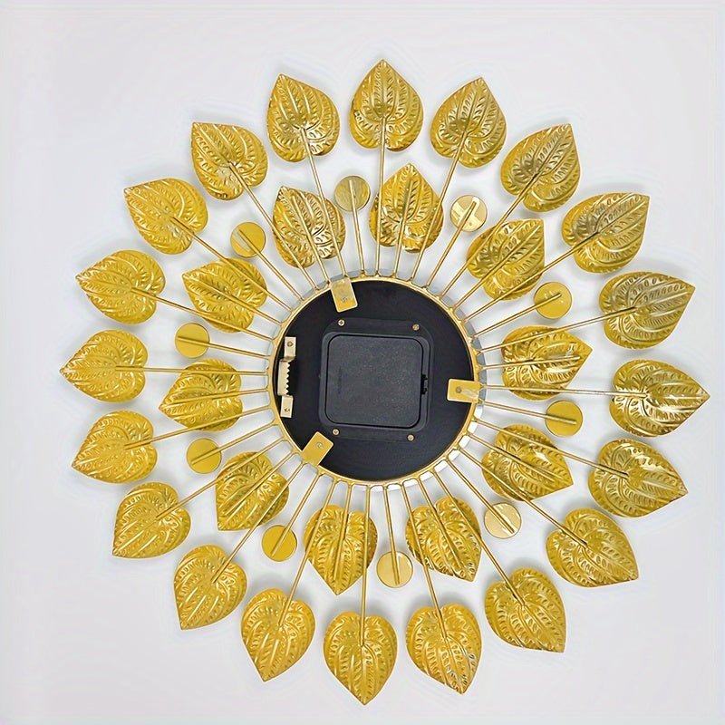 Moderne Stille Wandklok met Gouden Bladdesign – Metaal, Ronde Klok, AA Batterij, Niet-Tikkend voor Woonkamer en Eetkamer