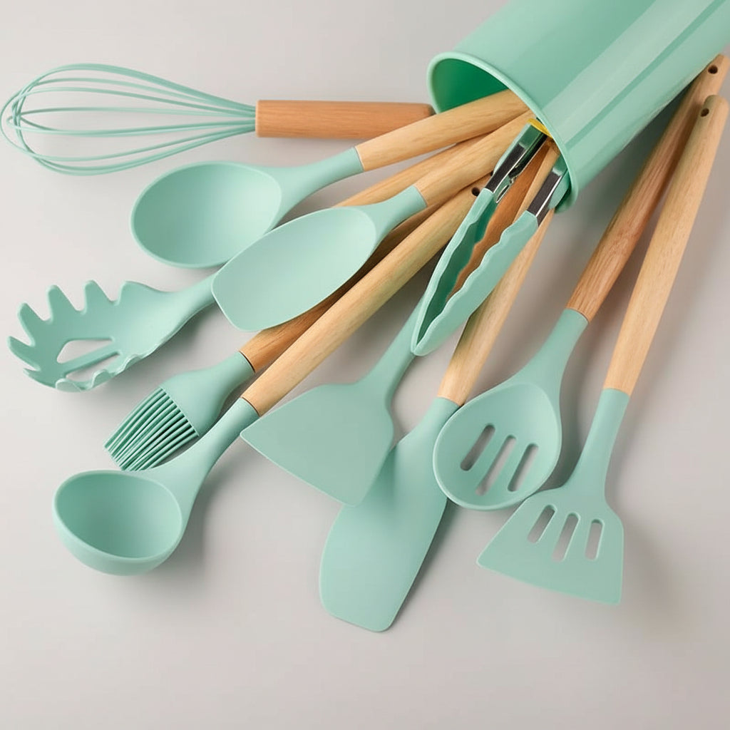 Kitchen Utensil Set Silicone Wooden Handles Heat Resistant