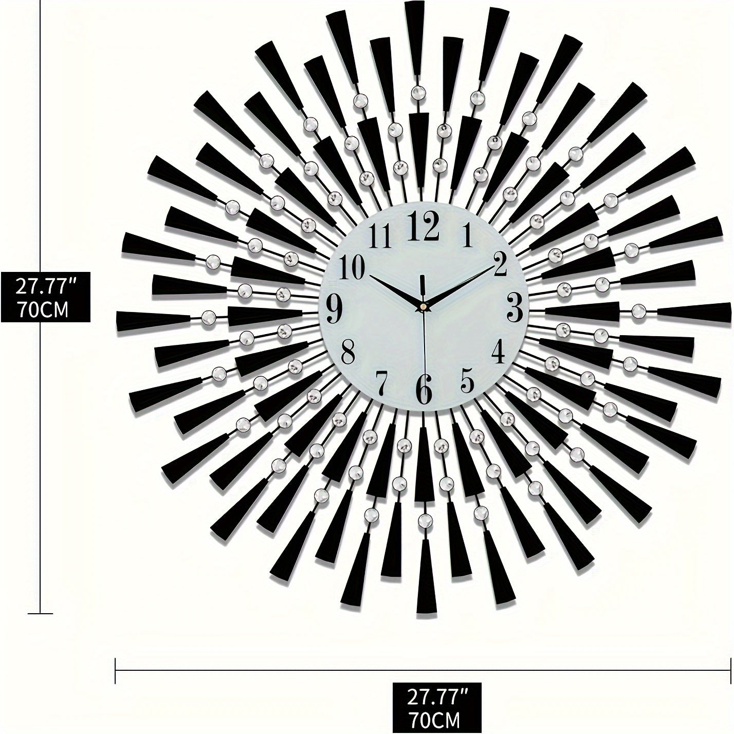Reloj de Pared Metálico Negro Silencioso con Esfera de Cristal - Funciona con Pilas para Salón, Dormitorio, Oficina