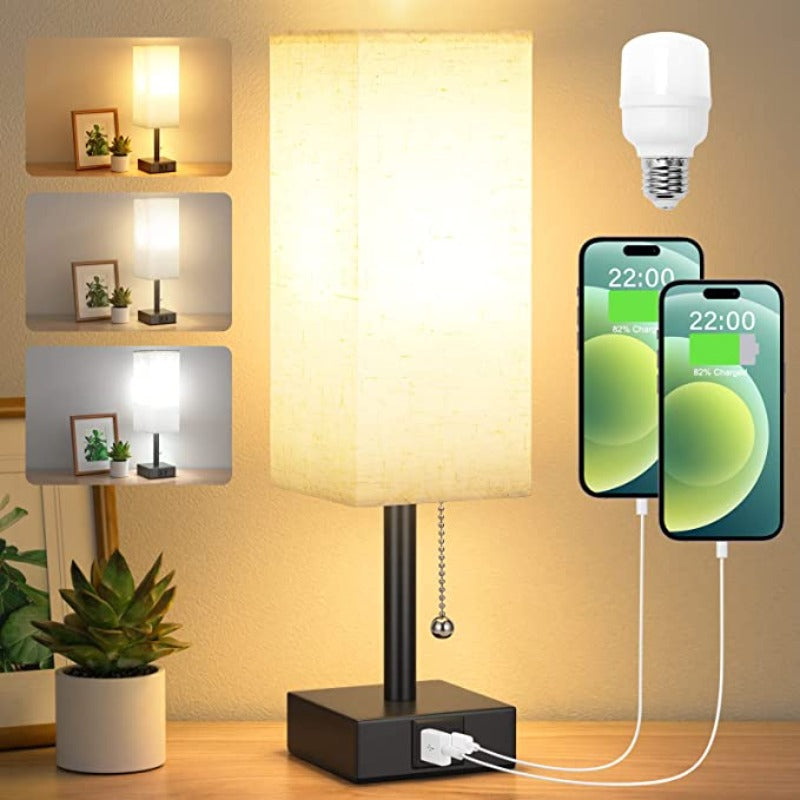 Table lamp with 3 brightness levels - 2700/3500/5000K Night light with USB ports and pull cord