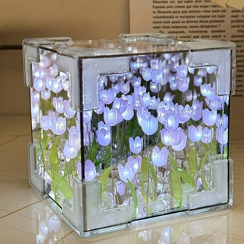 TulipGlow - Candeeiro de noite LED de tulipas feito à mão e espelho