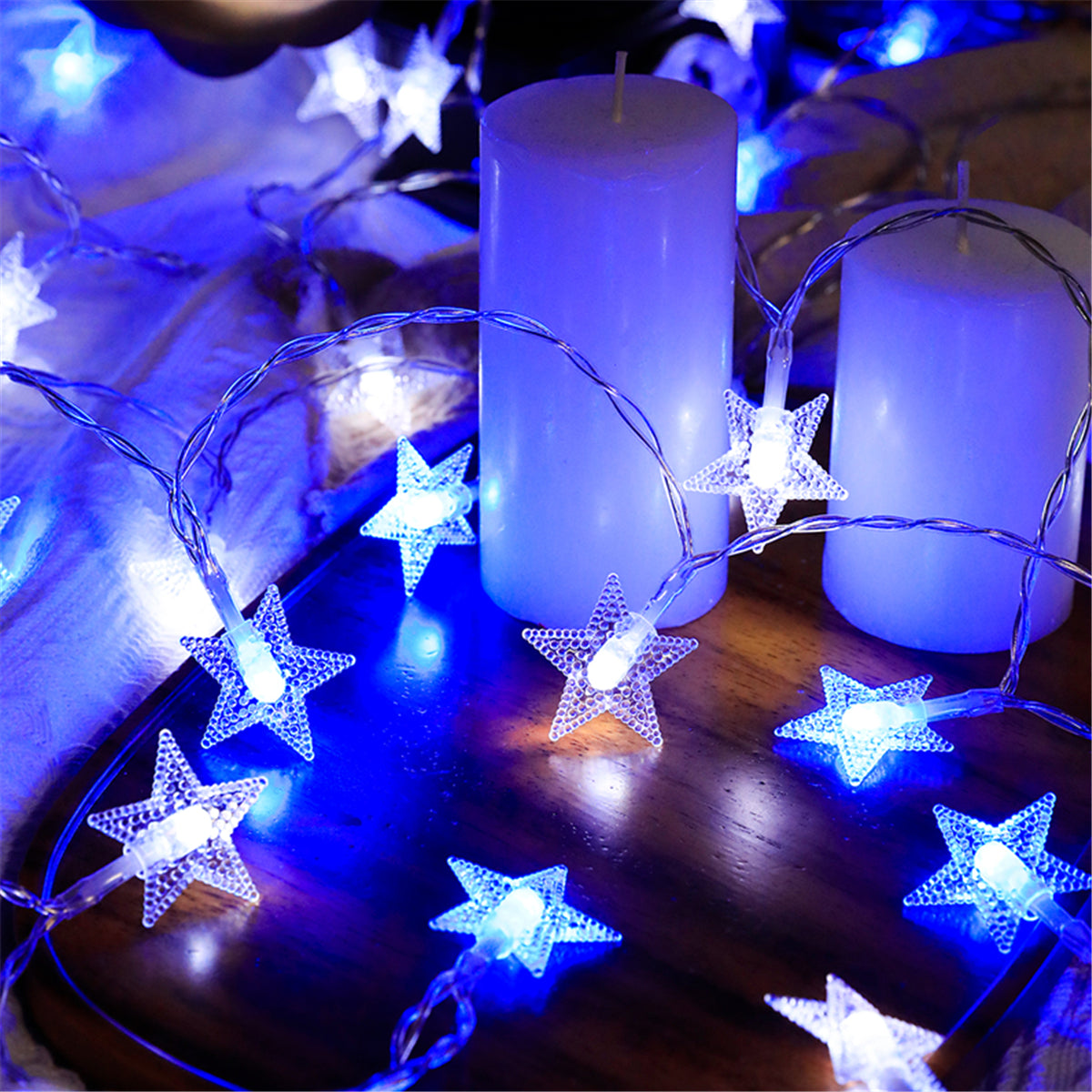 LuxeGlow - Blue & White Star LED String Lights on Batteries, Perfect