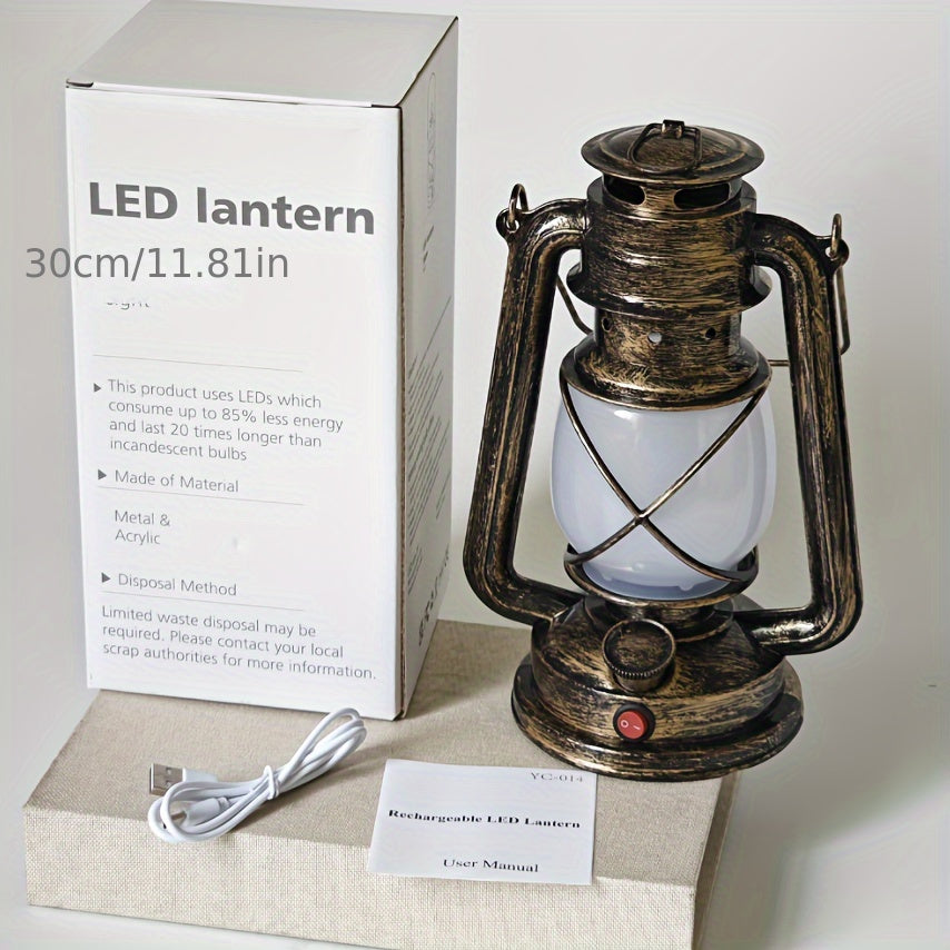 Retro Lantern - Rechargeable LED Lantern with Flame Light Effect, Antique Copper Finish