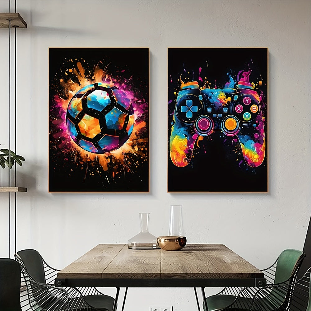 3-delige Canvas Poster Set - Modern Art, Abstract Voetbal Poster, Decoratieve Game Controller Kleurensplash, Wanddecoratie zonder Lijst