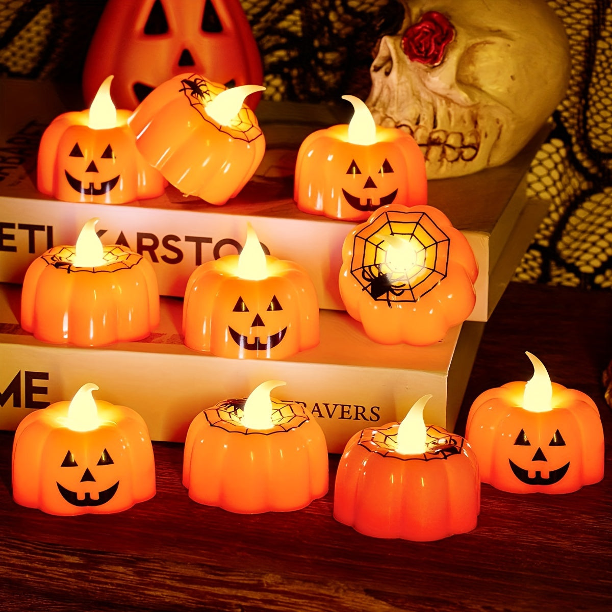 Candele LED di Halloween a zucca – 2 pezzi, 9,14 cm design Jack-o'-Lantern, con batterie