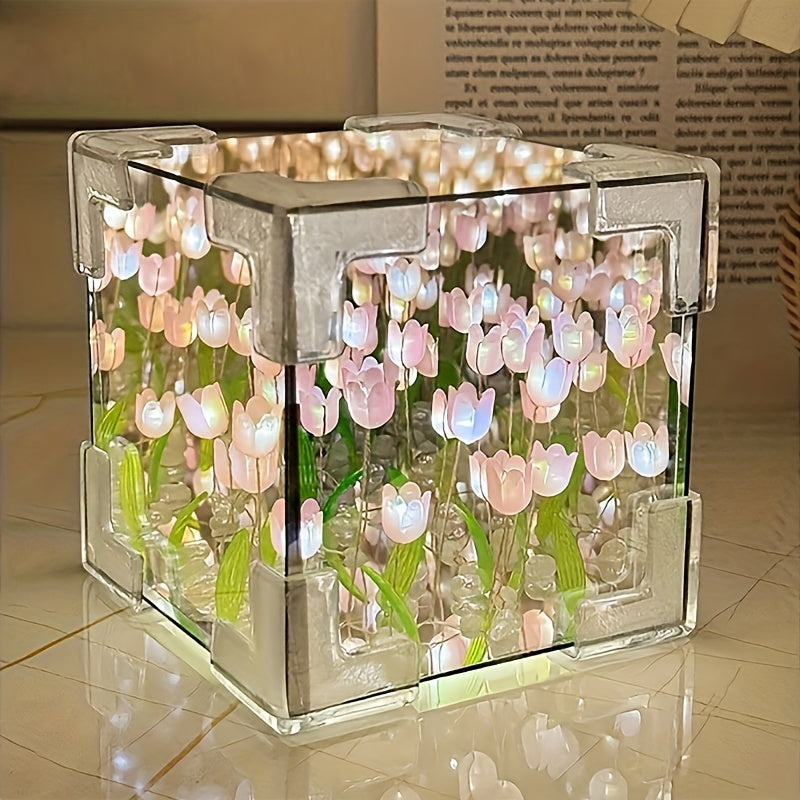 TulipGlow - Candeeiro de noite LED de tulipas feito à mão e espelho