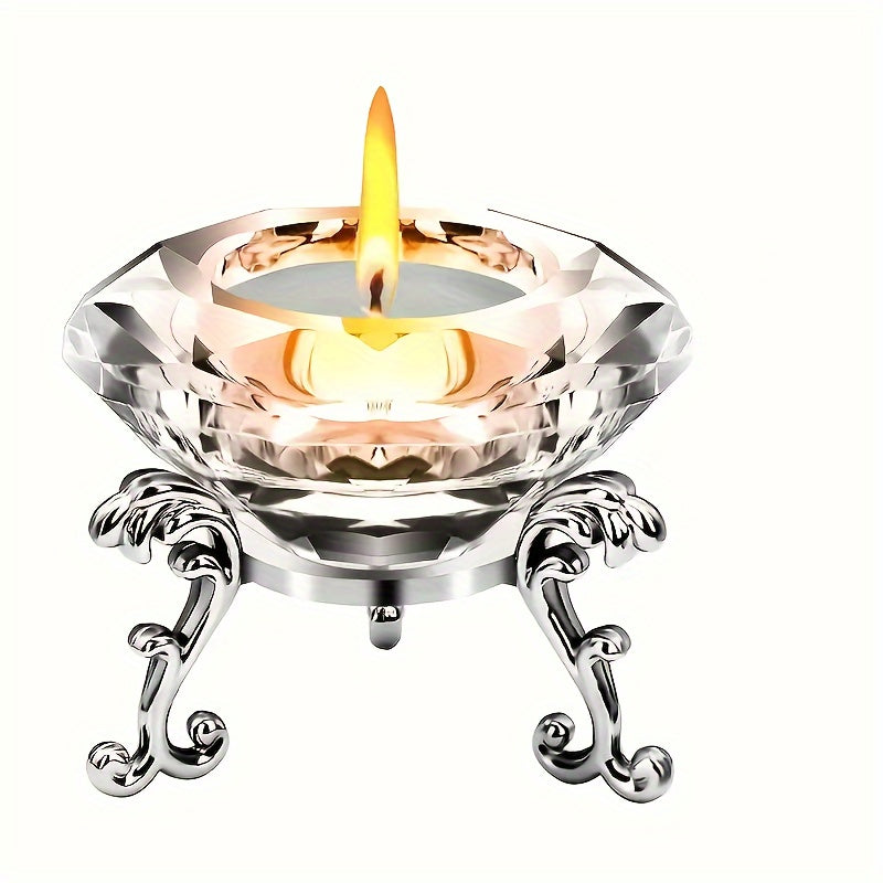 Juego de 2 candelabros de cristal transparentes - estilo europeo, candelabro romántico de diamante con base triangular de metal