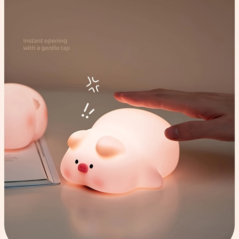 PiggyGlow - Lámpara nocturna LED de cerdito rosa adorable, recargable y con control táctil