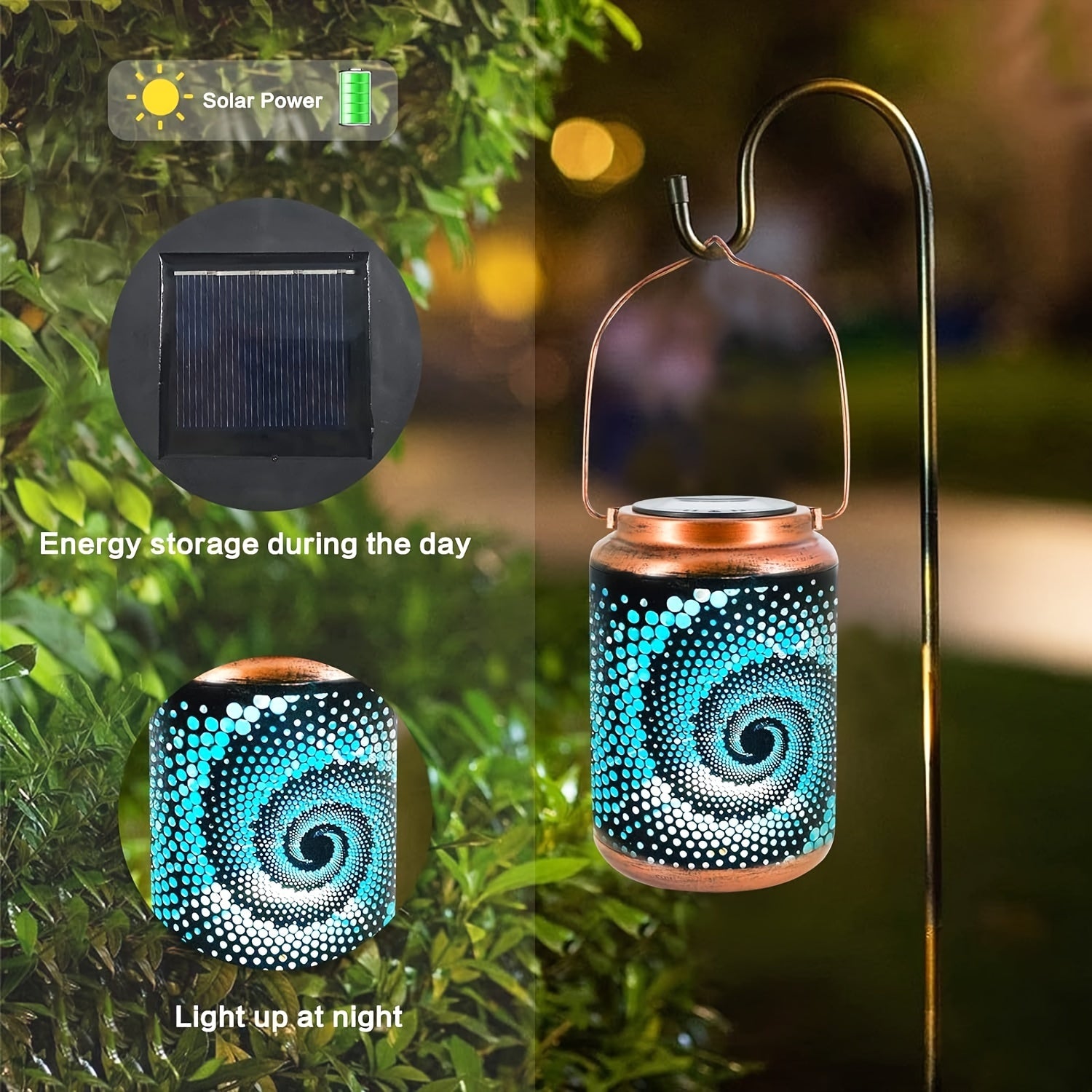 Solar Lantern - Hanging Solar Lanterns for Outdoors, Hollow Metal LED Lamps