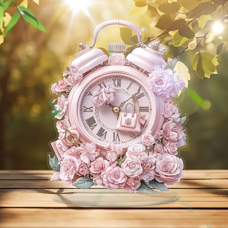 BohoClock - Boheemse Roze Bloemenwekker met Acryl Display