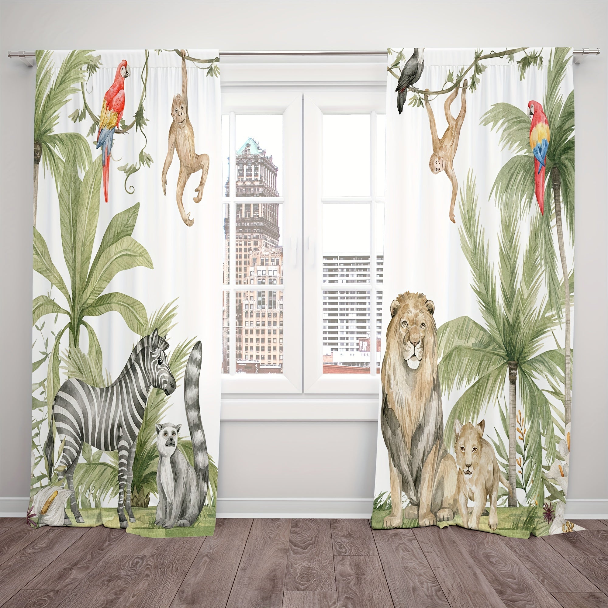 Tende Safari nella Giungla Classiche - 2 Pezzi in Satin Poliestere Traslucido con Stampa Animali per Camera da Letto