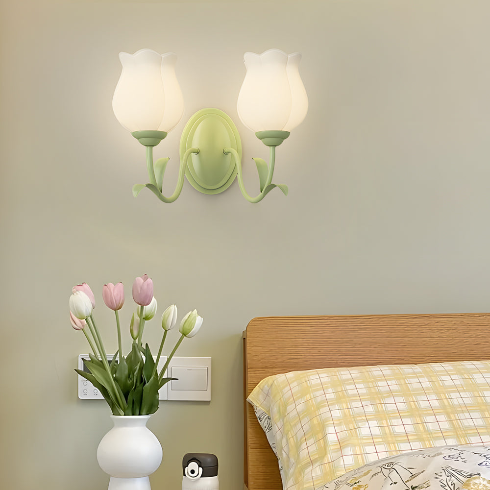 1/2-Light Flowers Glass Three-Step Dimmable Green Wall Lamps