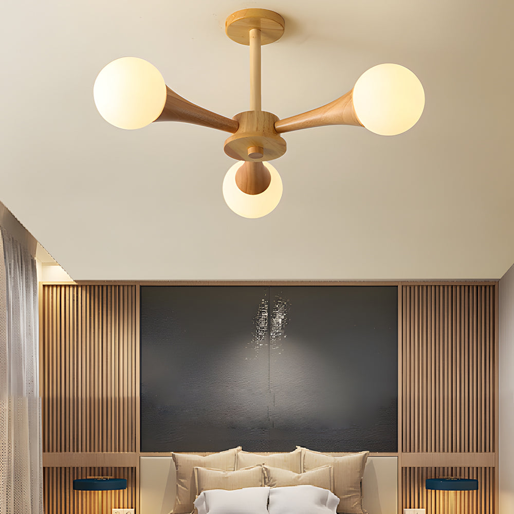 NordicGlow - Scandinavische Houten Kroonluchter met Glazen Lampenkappen