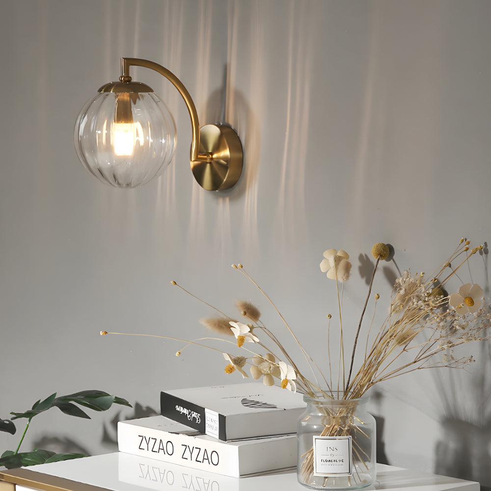 1-Light Curved Arm Wall Lamp with Spherical Ribbed Glass Shade