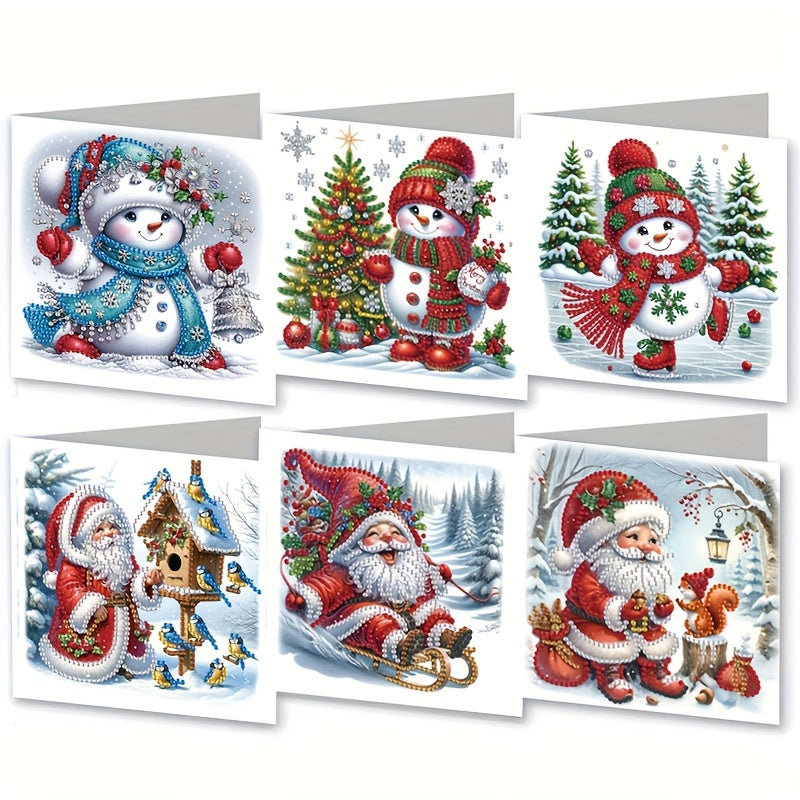 Kit de 6 tarjetas de pintura de diamantes navideñas - Tarjetas festivas con diseños de muñeco de nieve, Papá Noel, árbol de Navidad, flores, pájaros y ardilla, conjunto único de regalos hechos a mano para seres queridos