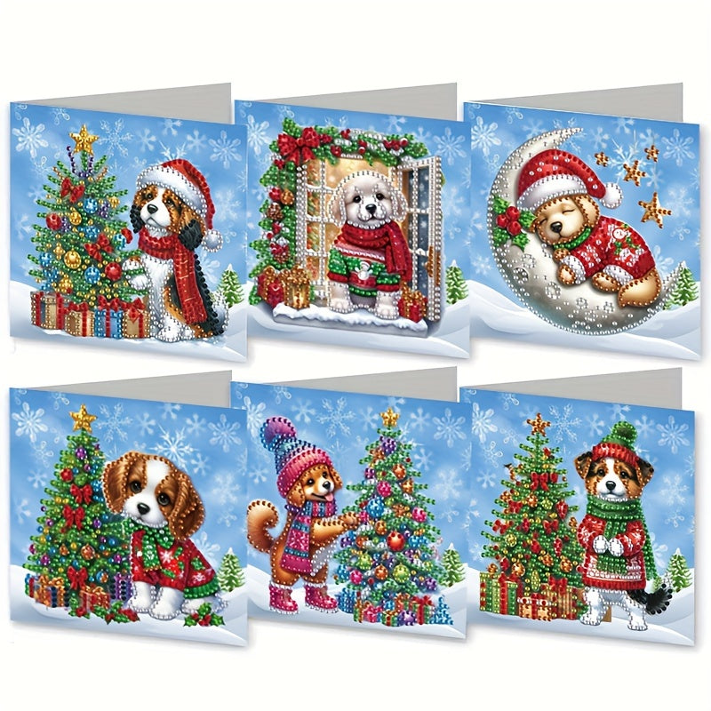Paquete de 6 tarjetas de pintura de diamantes navideñas - Diseño de perro de nieve y árbol de Navidad