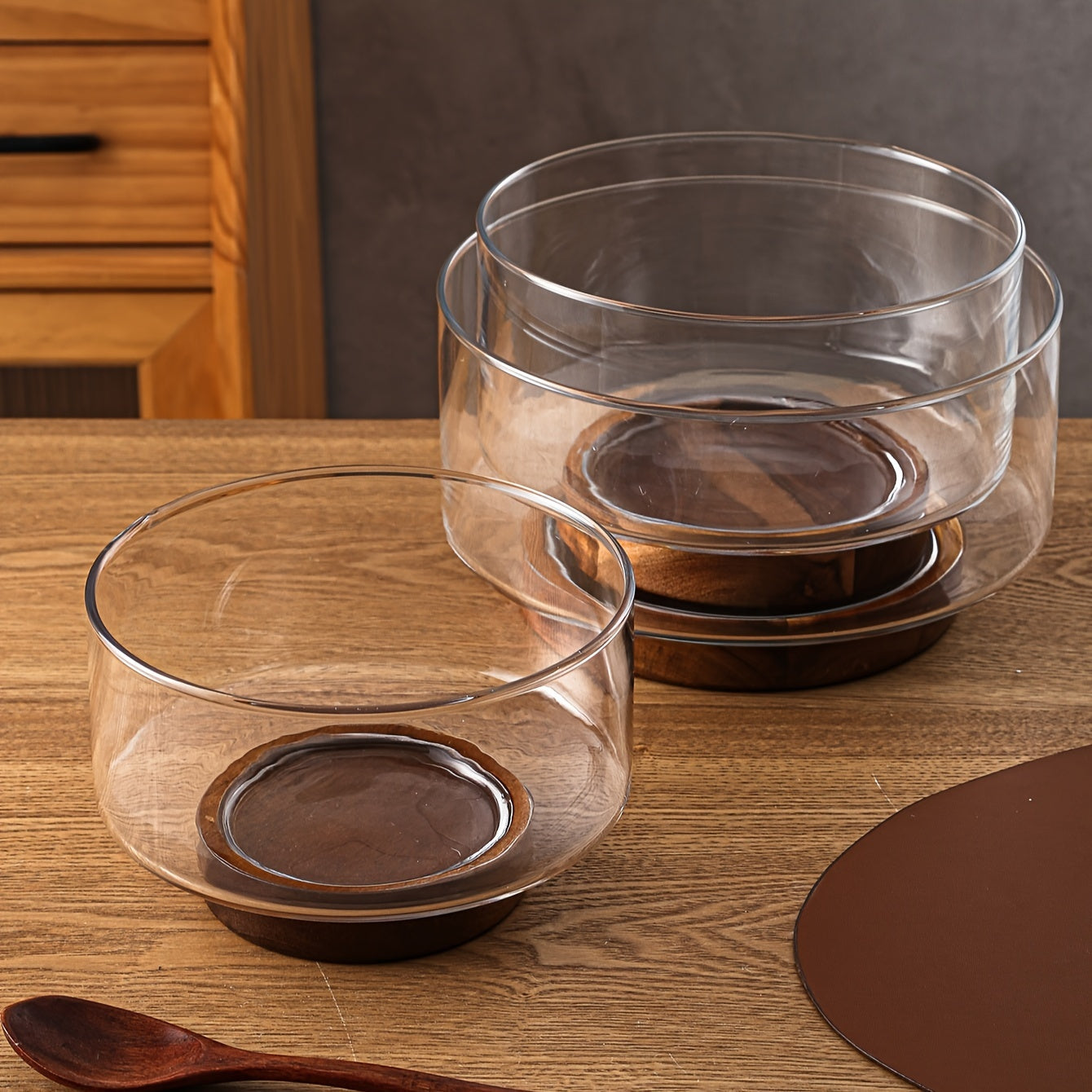 GlassServe-Fruitschaal - Glazen Fruitschaal met Houten Basis voor Keukentafel