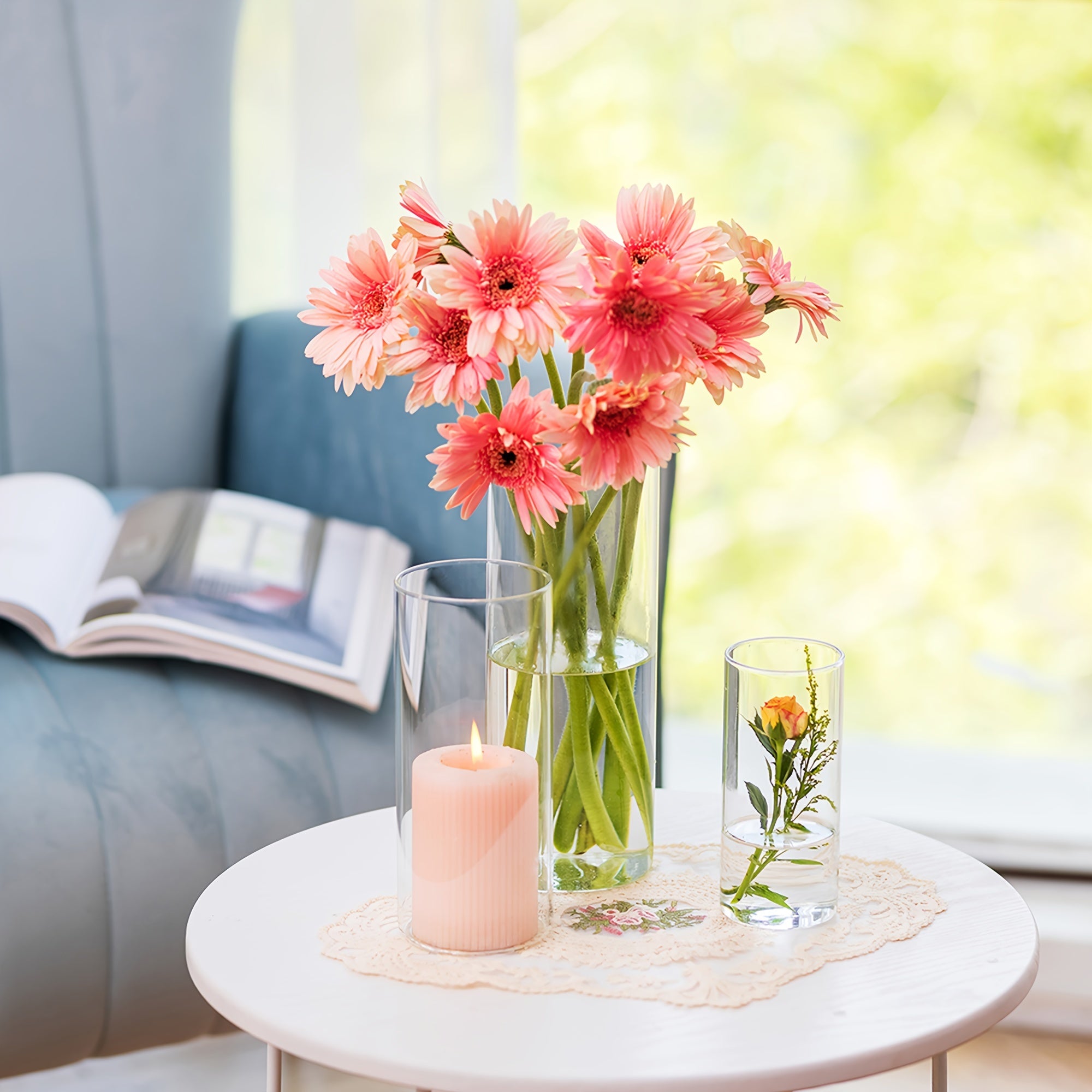 Set van 6 Glazen Cilinder Vazen – Hoge Transparante Vazen voor Tafelstukken, Kaarsenhouders en Bruiloftsdecoratie