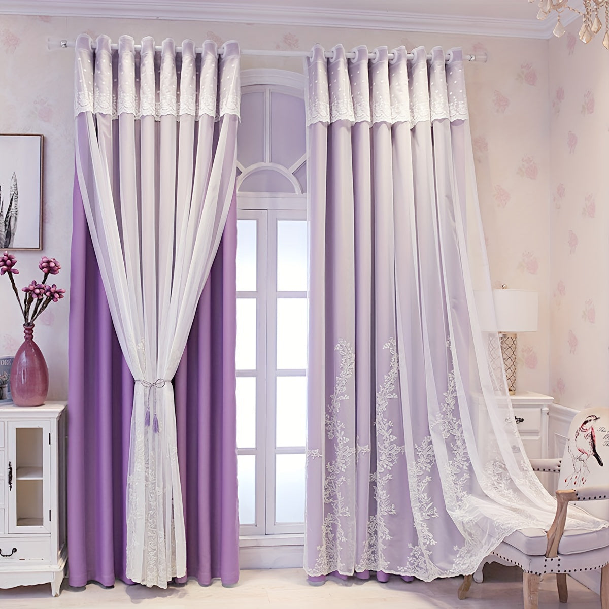 2 Stuks Elf Fairy Geborduurde Gordijnen - Lichtdoorlatende Gordijnpanelen met Geïntegreerde Stof en Ringen