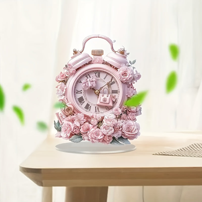 BohoClock - Boheemse Roze Bloemenwekker met Acryl Display