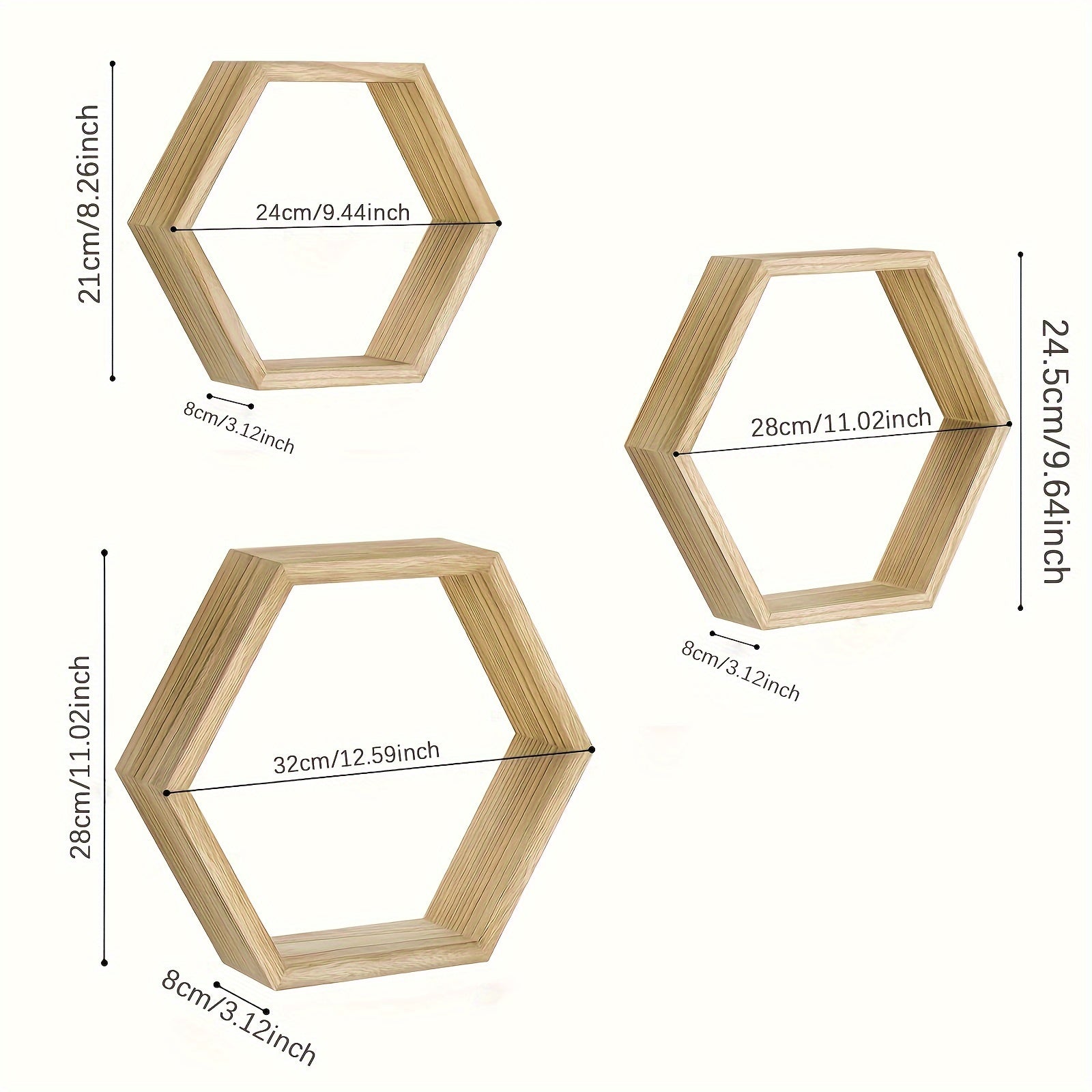 HexaWood - 3 Stuks Houten Zeshoekige Zwevende Wandplanken voor Keuken, Woonkamer & Slaapkamer