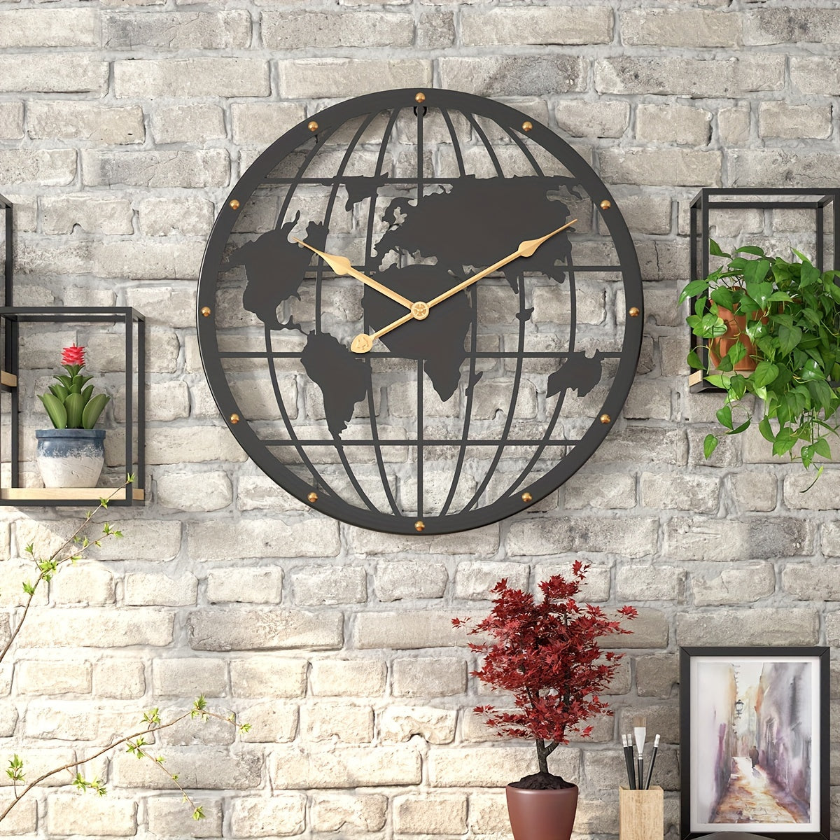 World Map Wall Clock - Silent 40cm Metal Clock with Gold Numbers