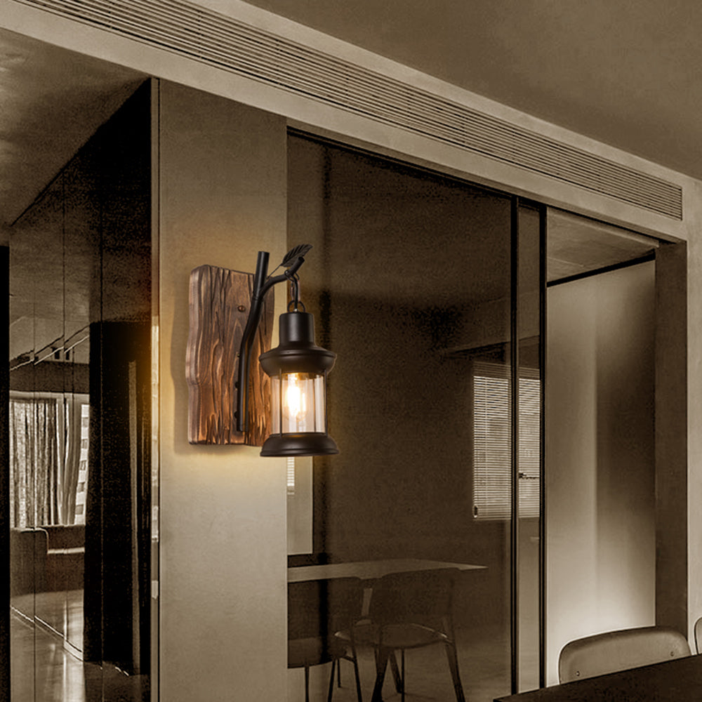 Vintage Lantaarn LED Wandlamp Zwart Slaap/Woonkamer Hout Metaal