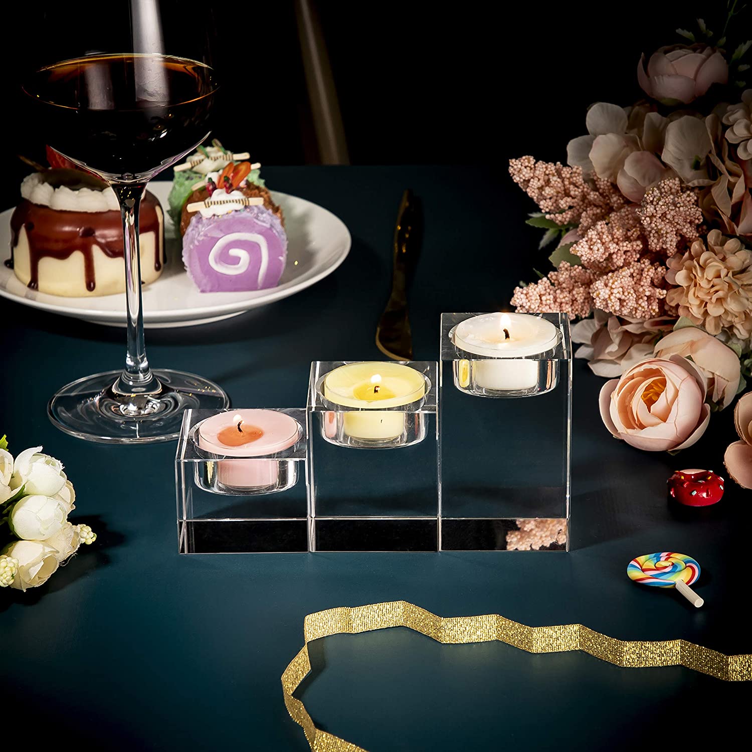 Candelabro Cubico di Cristallo a 3 Pezzi