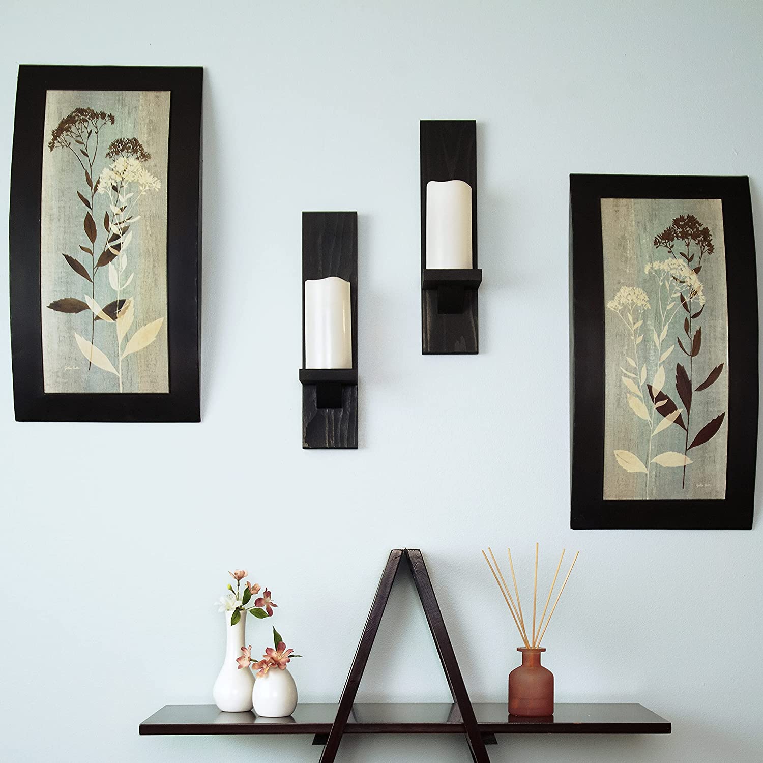 Grande candeliere rustico da parete in legno con candele a pilastro