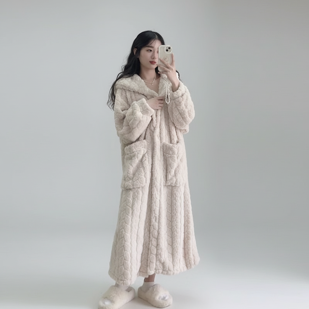 Robe de Banho de Poliéster Comprido com Capuz para Senhora, Quente, para o Inverno