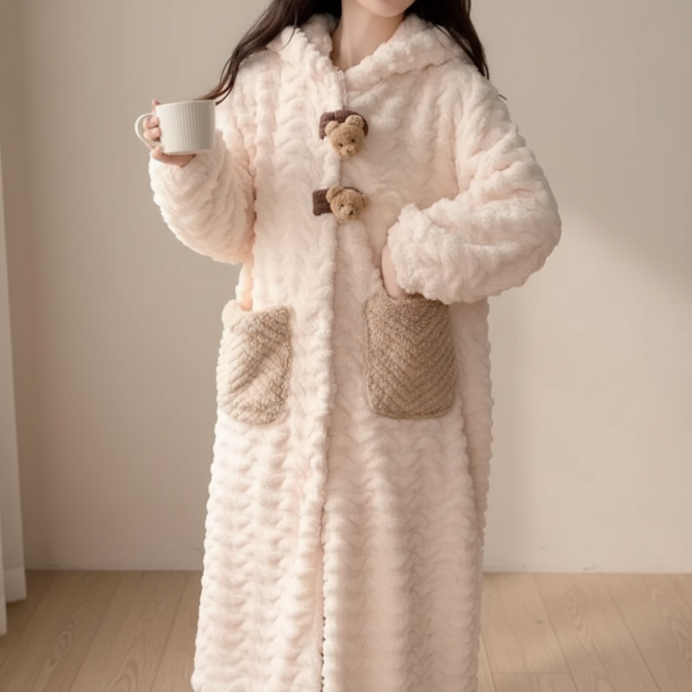 Robe de Banho de Poliéster Comprido com Capuz para Senhora, Quente, para o Inverno