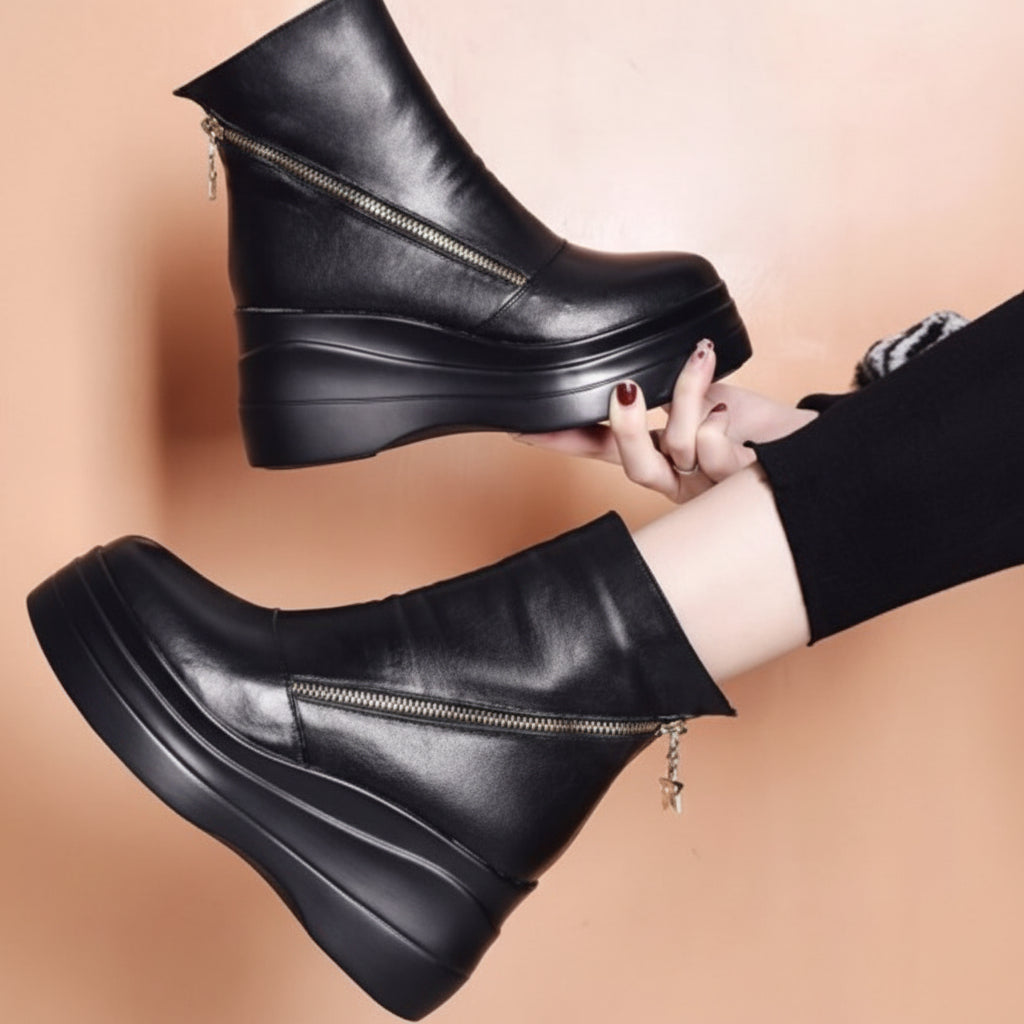 Women's Ankle Boots Leather Platform Sole Zipper