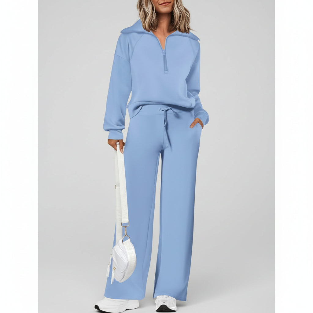 Casual Dames Tracksuit Set Half Zip Sweatshirt Palazzo Pants