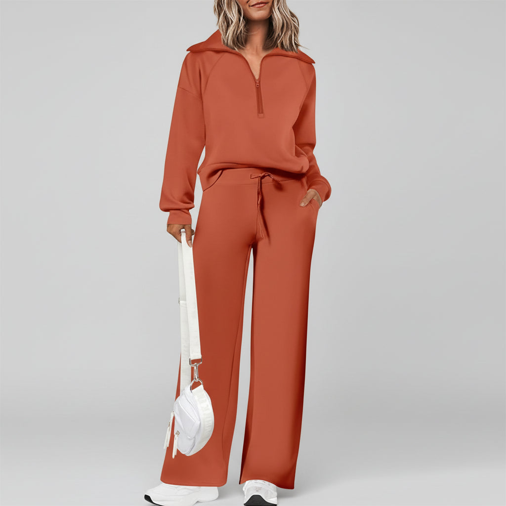 Conjunto Casual para Senhora com Sweatshirt de Meio Fecho e Calças Palazzo