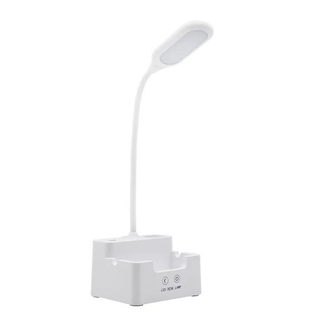 DeskBright - Lámpara de escritorio LED flexible con soporte para bolígrafo y teléfono, regulable y recargable por USB