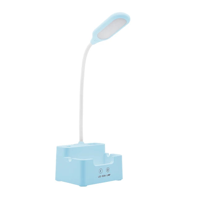 DeskBright - Lámpara de escritorio LED flexible con soporte para bolígrafo y teléfono, regulable y recargable por USB