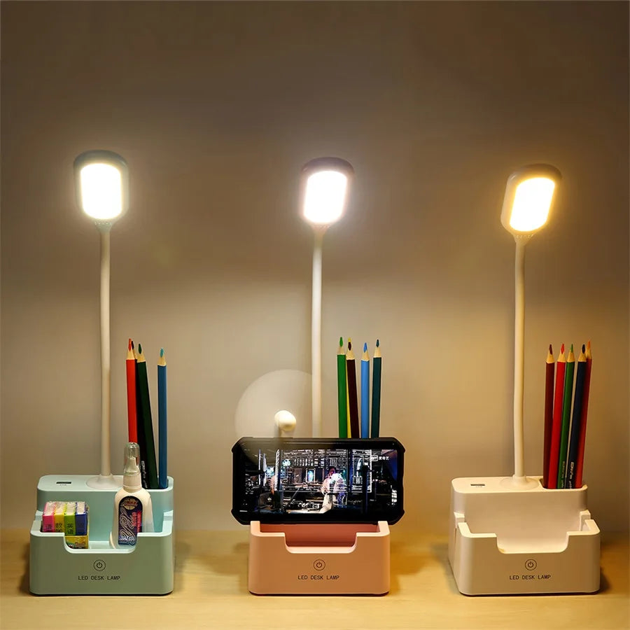 DeskBright - Flexibele LED Bureaulamp met Pen- en Telefoonhouder, Dimbaar & USB Oplaadbaar
