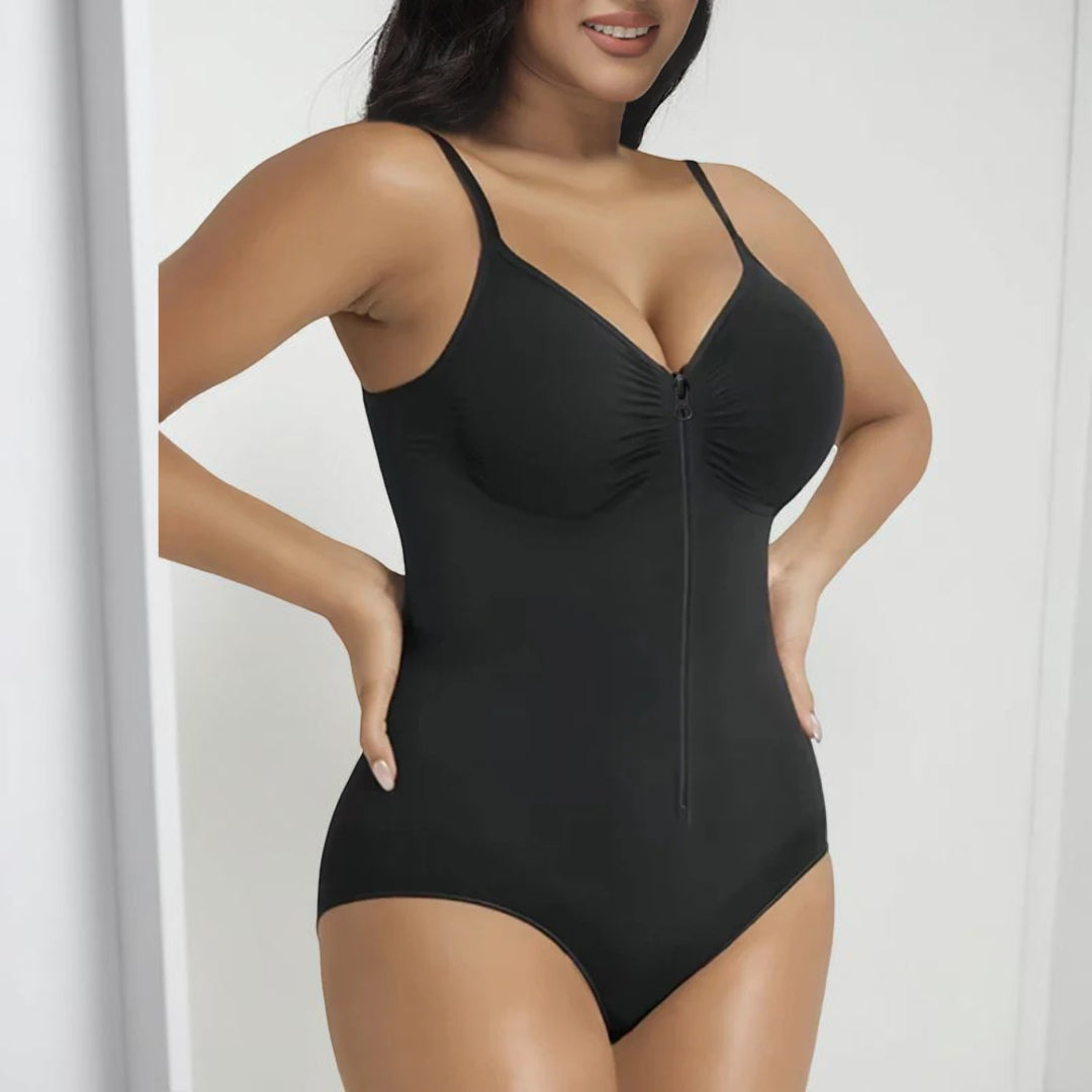 Body modelador feminino com fecho e cintura modeladora
