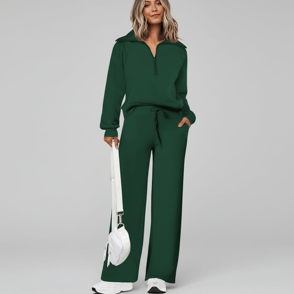 Conjunto Casual para Senhora com Sweatshirt de Meio Fecho e Calças Palazzo